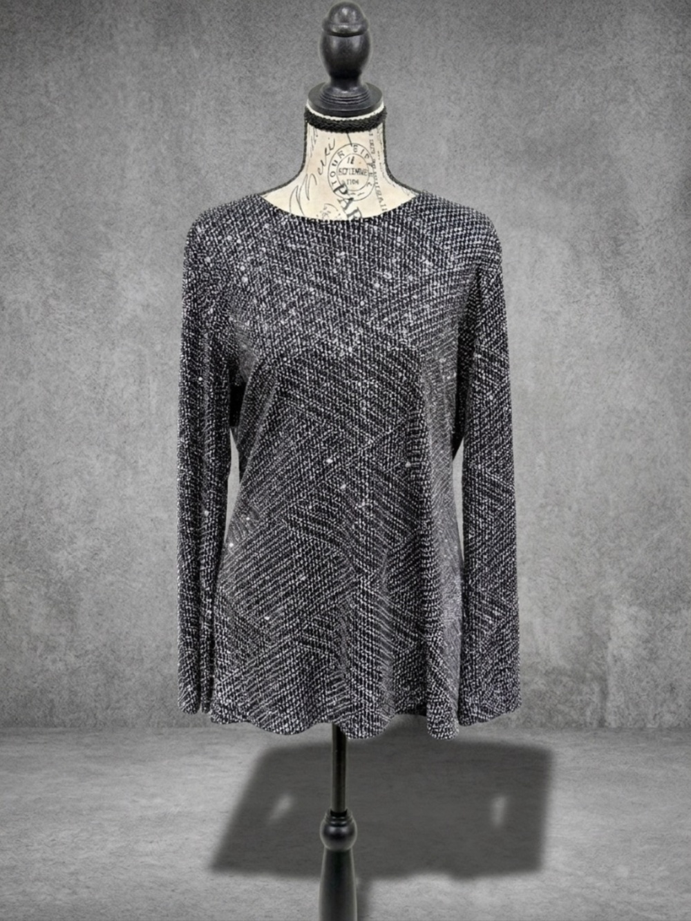 Notations Black Silver Glitter Sparkle Long Sleeve Top L Blouse Party Shiny Geo